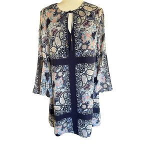 Vince Camuto Dress Blue Sheer Bell Sleeves Floral Lined Sz 8 Feminine Whimsical